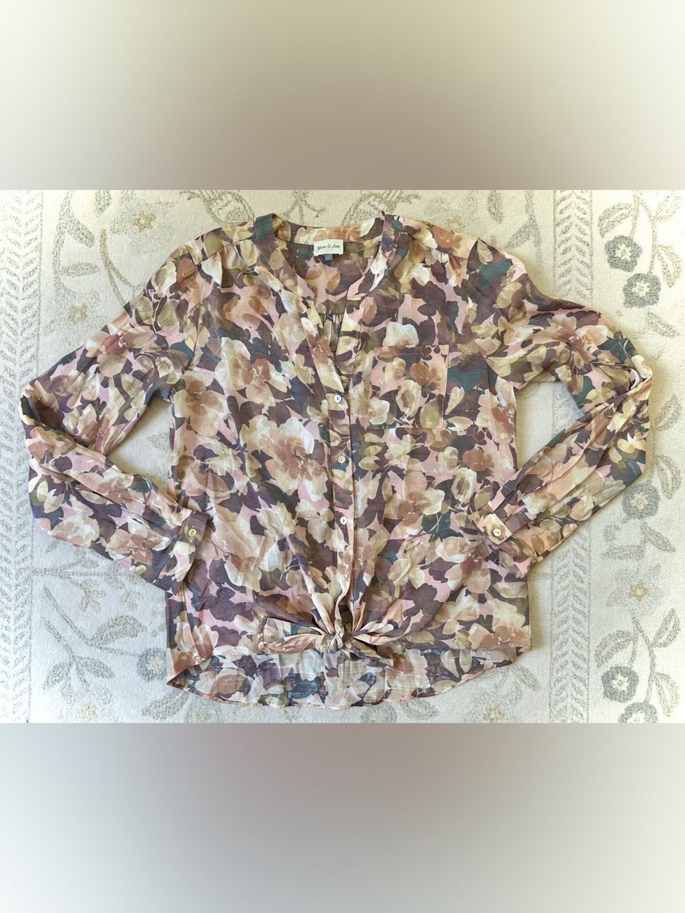 Yam & Sea Pink Mauve Floral Tie Front Button Down Blouse Sz S